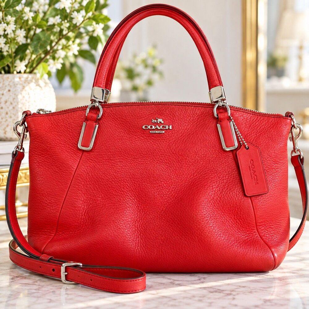 COACH Kelsey Pebble Soft Leather Med. Satchel Shoulder Bag Red Hang Tag w/Strap